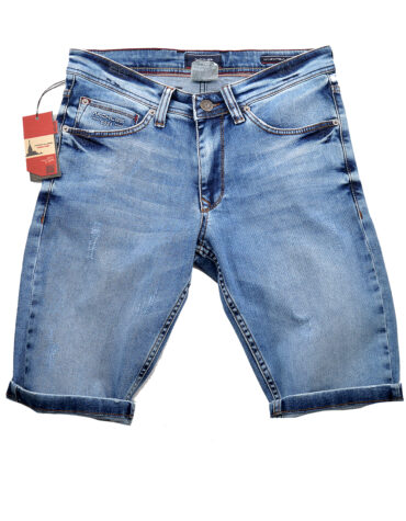 Къси панталони изчистен модел в син цвят с колан